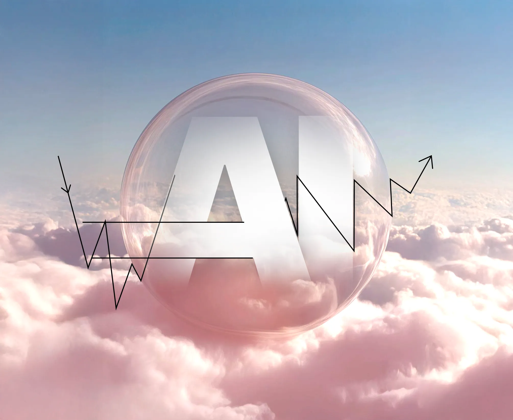 AI letters inside transparent bubble floating above clouds with market trend lines