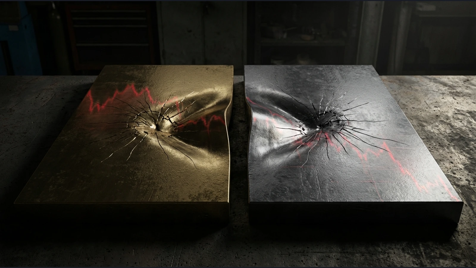 Two metallic slabs representing gold and silver with impact dents at the centre, symbolising a market crash, overlaid with red financial graphs depicting sharp price declines.
