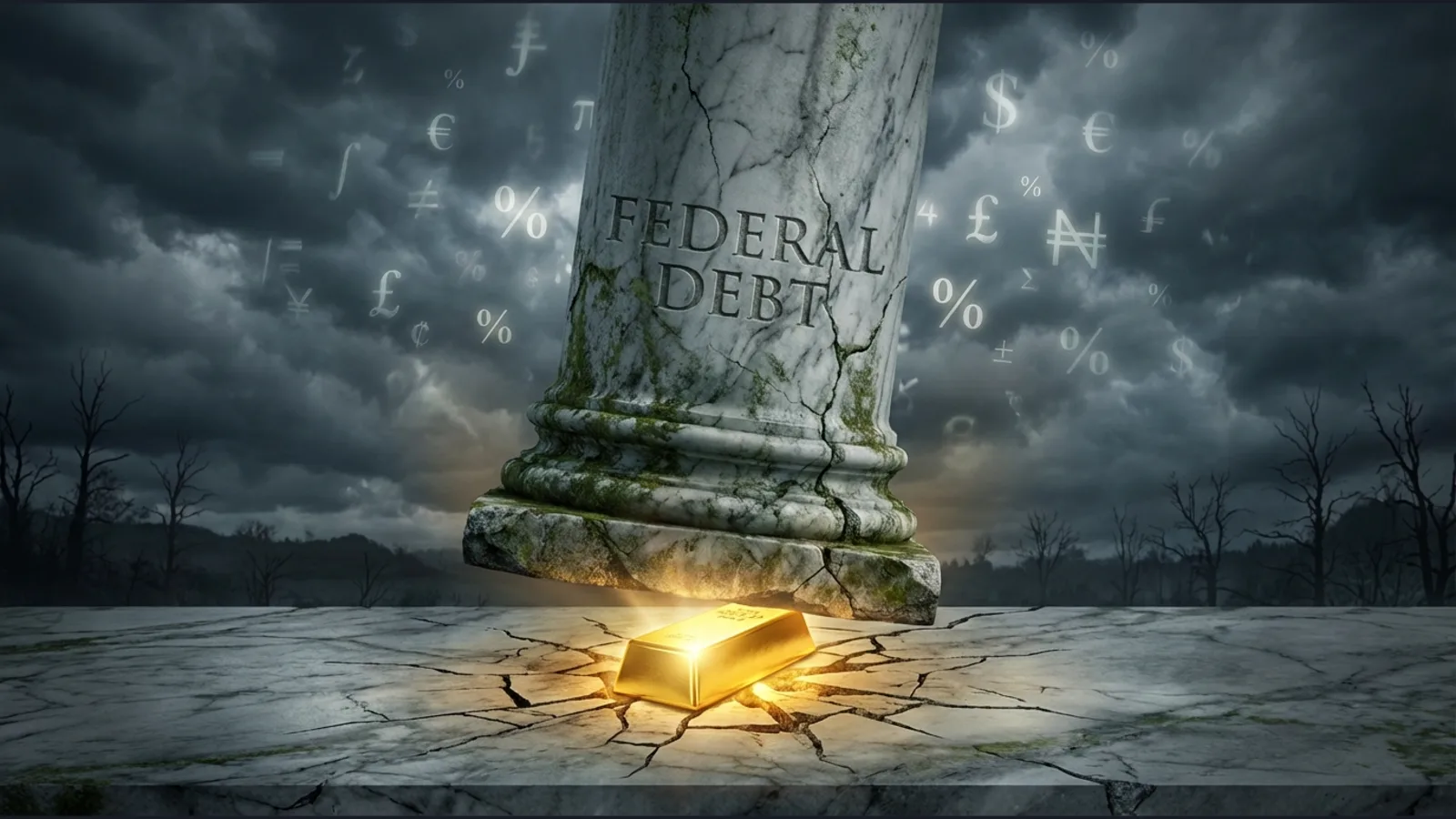 An illustration showing a 'FEDERAL DEBT' pillar crushing a gold bar against a stormy sky with floating currency symbols.