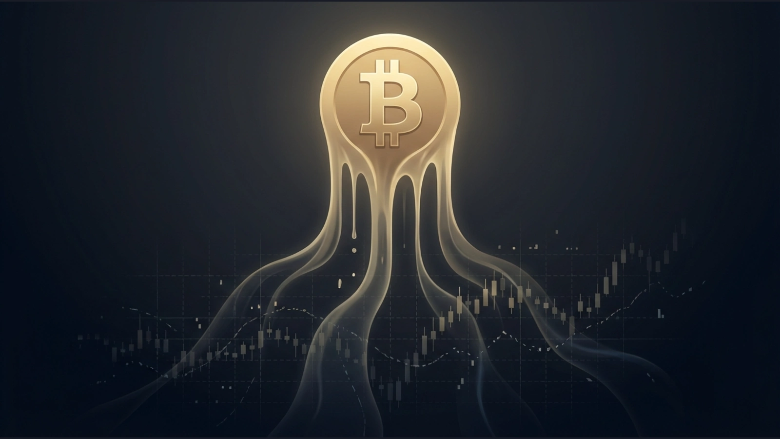 Bitcoin symbol melting over candlestick chart showing crypto's structural decline