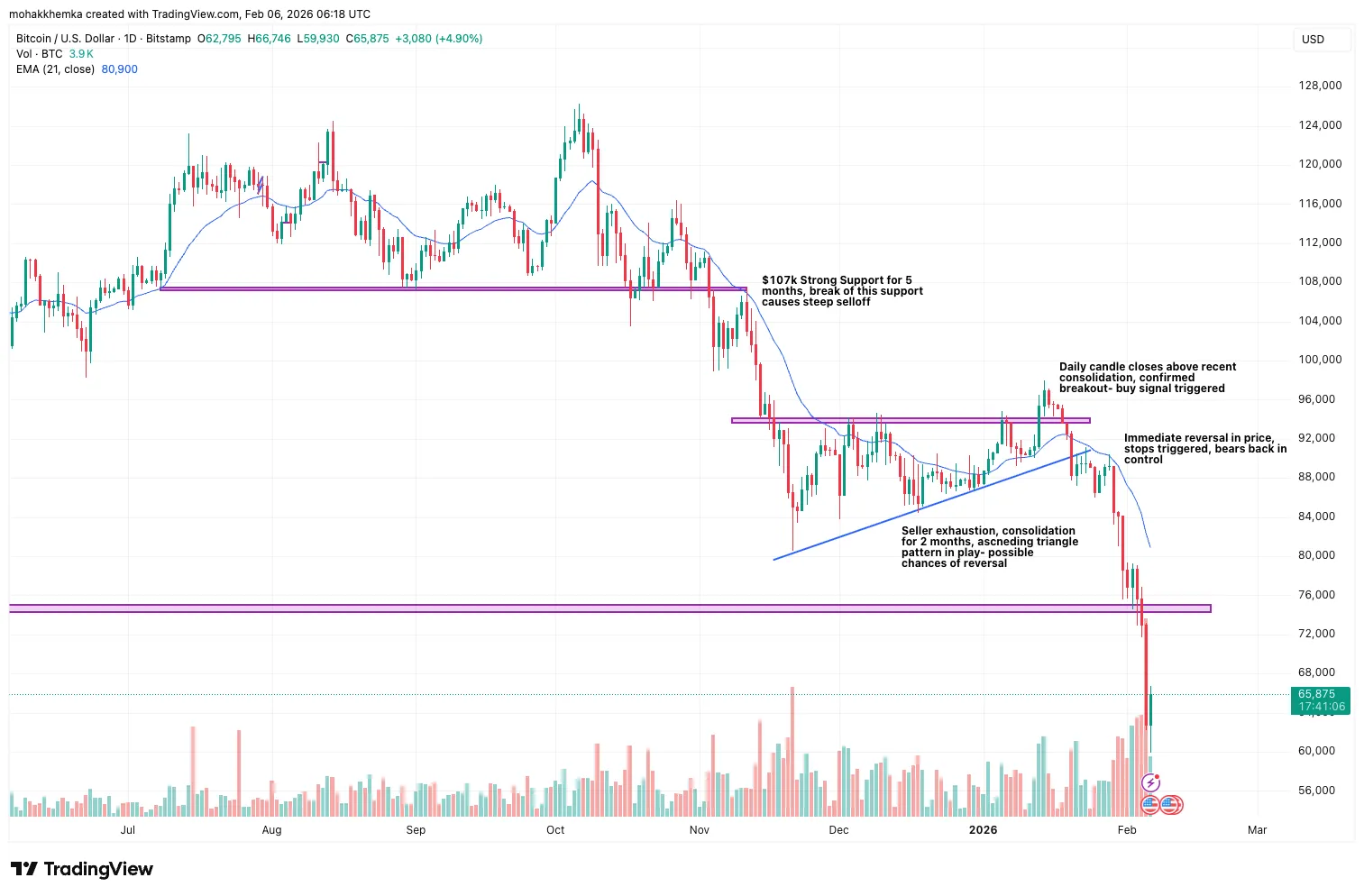 Bitcoin daily chart showing failed ascending triangle breakout above $94K followed by reversal and sharp selloff