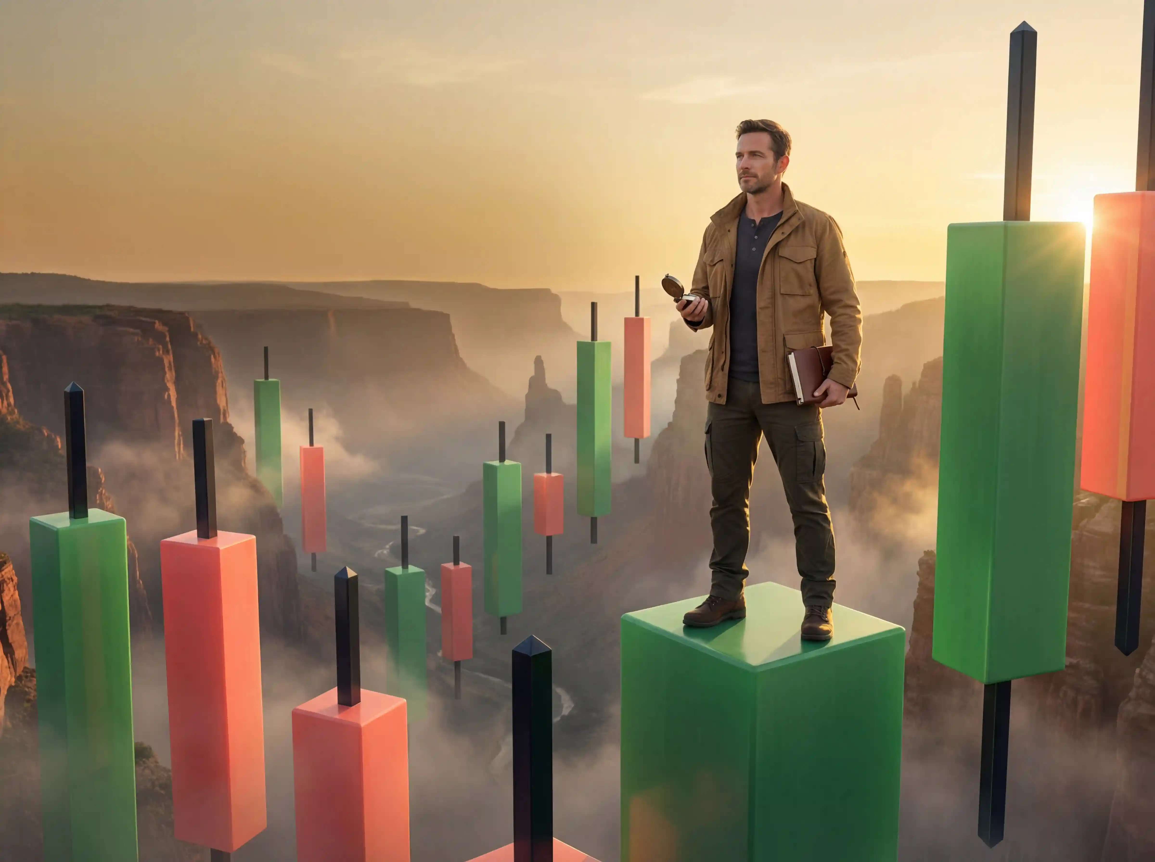 Trader navigating 3D candlestick formations illustrating price action trading strategy