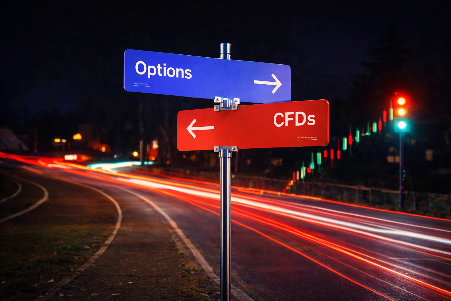 Street signpost showing Options and CFDs directions with traffic light and motion-blurred road representing trading path choices