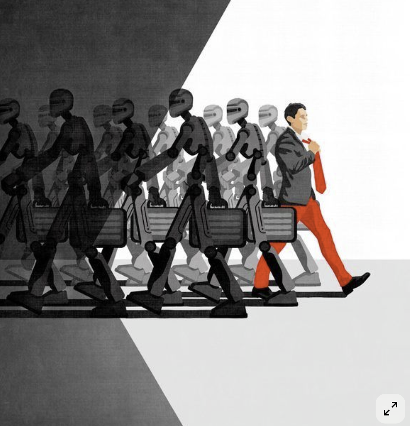A businessman in a grey suit and bright red trousers walks confidently forward under a spotlight, while behind him a line of identical grey humanoid robots carrying briefcases march in the opposite direction in shadow, symbolising human individuality breaking away from conformity or automation.
