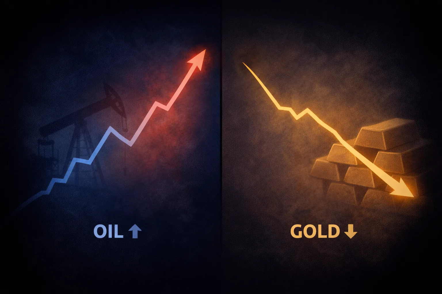 Split illustration showing oil prices rising while gold declines during the March 2026 conflict.