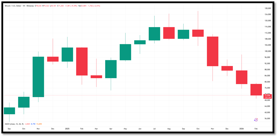Bitcoin candlestick chart from Sep 2024 to Feb 2026 showing peak at $115K and decline to $68K