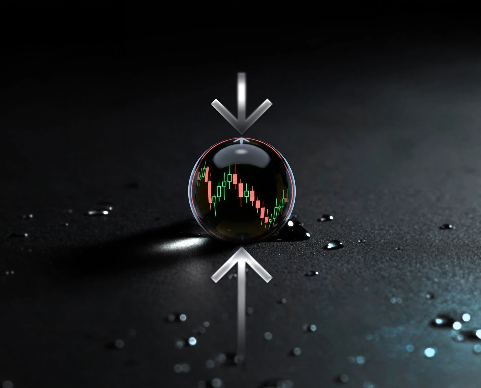 Fragile bubble containing volatile price chart with opposing up and down arrows illustrating energy market directional uncertainty