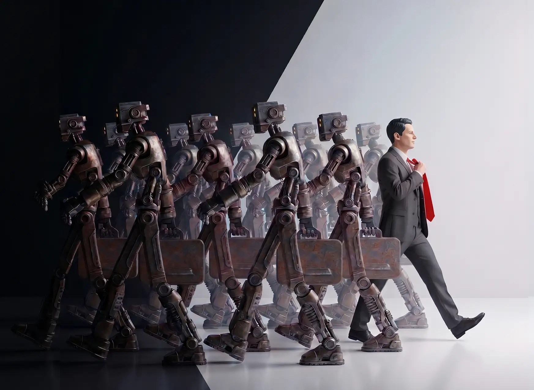 Trader breaking away from algorithmic crowd representing individual judgment versus automated market reactions