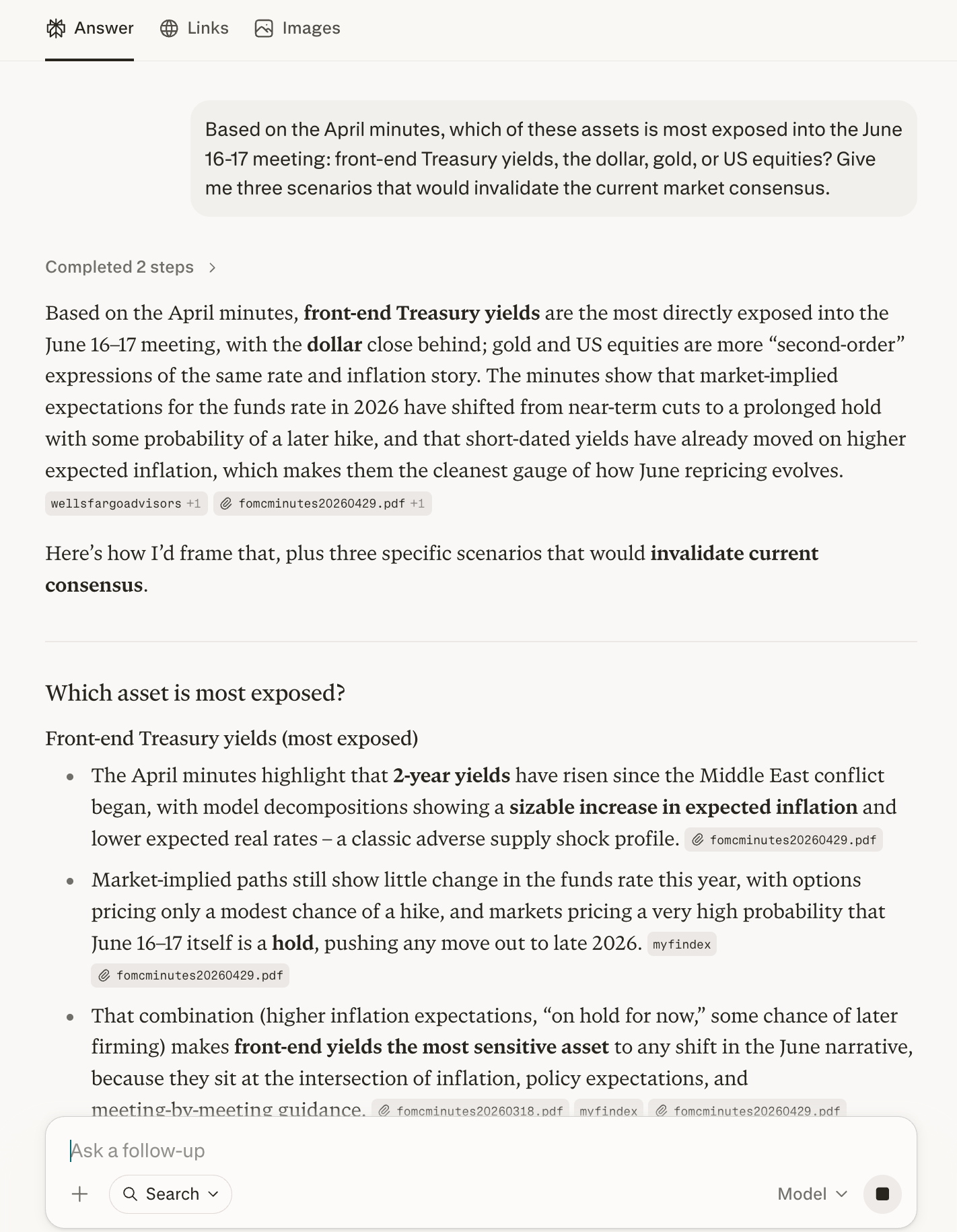 Perplexity AI output identifying front-end Treasury yields as the most exposed asset heading into the June 2026 FOMC meeting, with three consensus-invalidating scenarios
