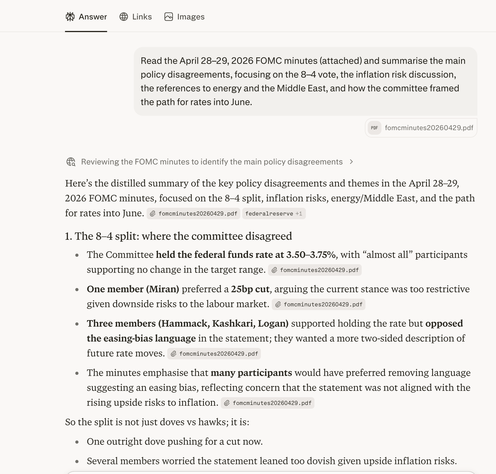 Perplexity AI output summarising the April 2026 FOMC minutes — showing the 8–4 vote breakdown and key policy disagreements with source citations
