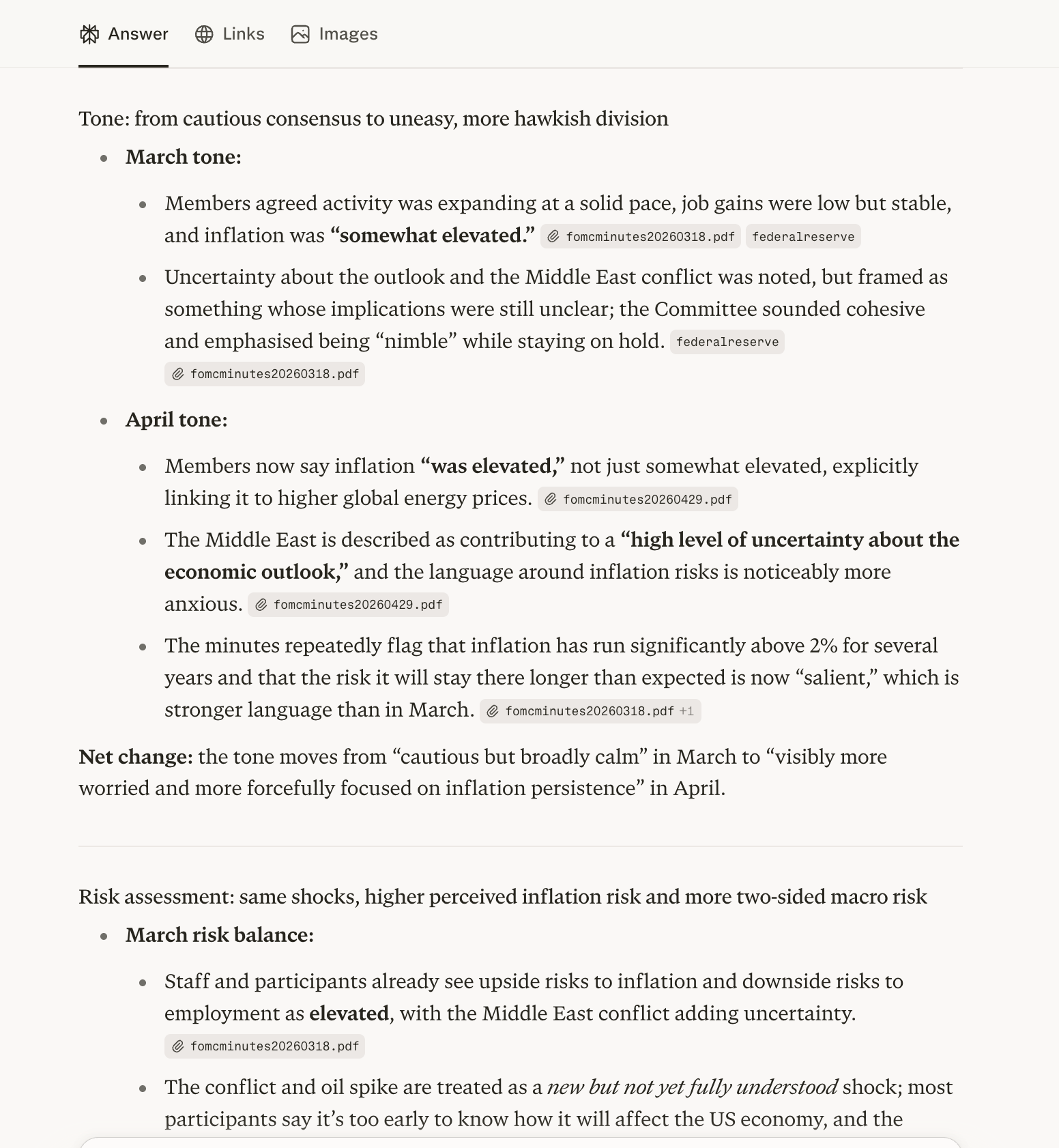 Perplexity AI comparison of March and April 2026 FOMC minutes — showing tone shift from cautious consensus to more hawkish inflation focus