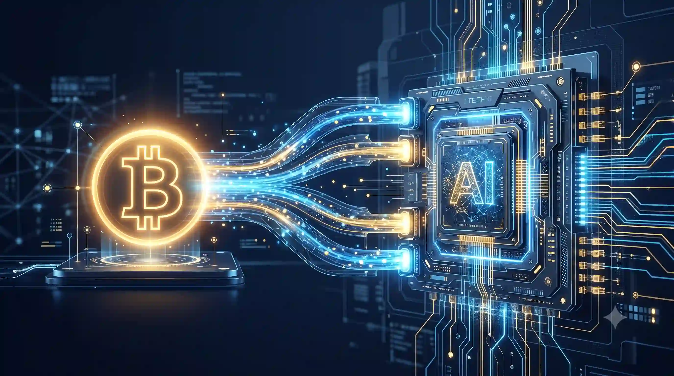 Abstract digital visualization of financial liquidity flowing from a Bitcoin logo into an AI computing processor.