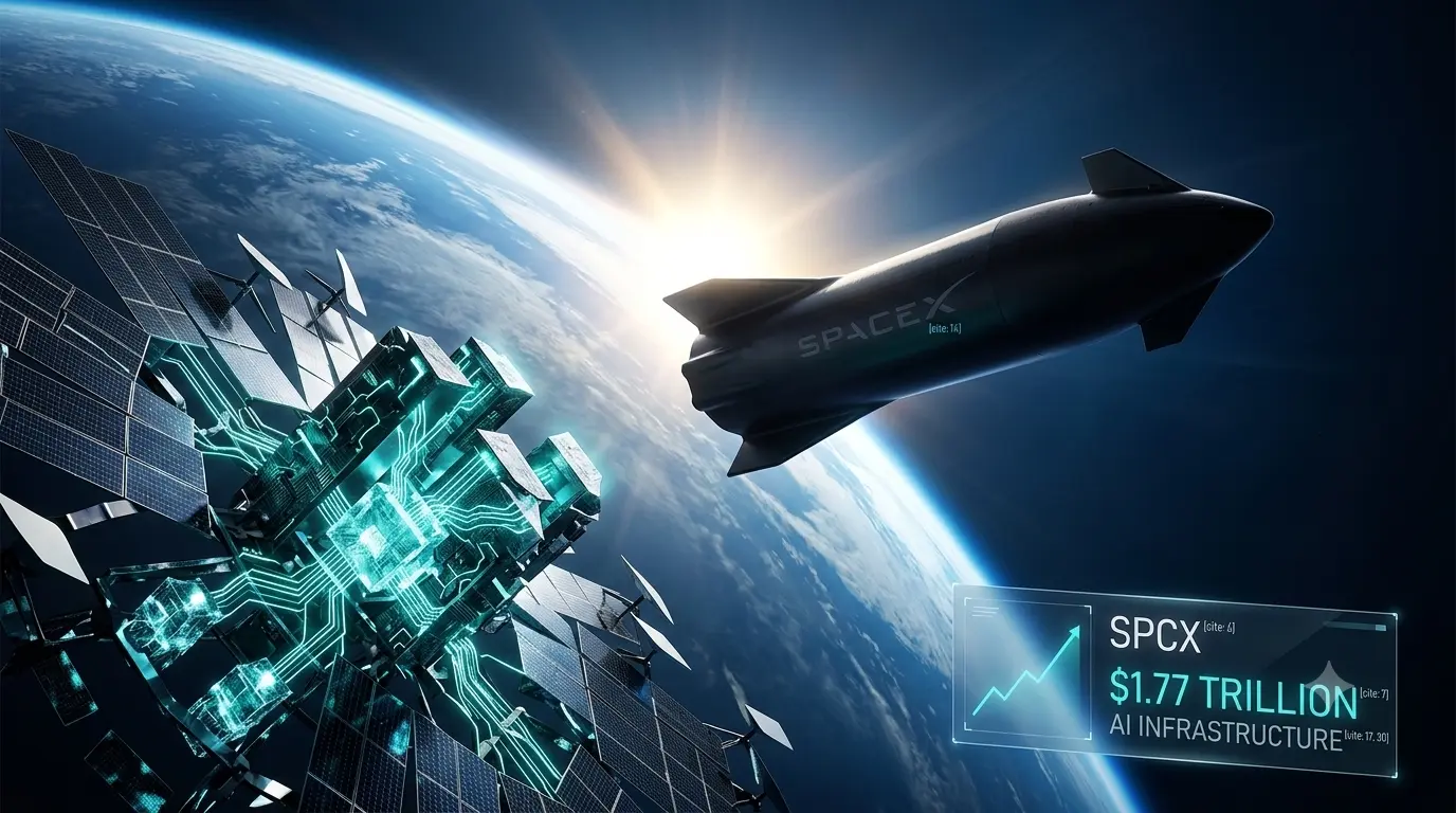 A futuristic space scene showing a Starship spacecraft flying past Earth. A massive complex of satellites on the left features glowing cyan and green AI circuit patterns and compute nodes. The Earth curves below, with a sunflare on the horizon. In the bottom right corner, a semi-transparent holographic panel displays text: 'SPCX' , an upward trend arrow, '$1.77 TRILLION' , and 'AI INFRASTRUCTURE'. PDF + 4