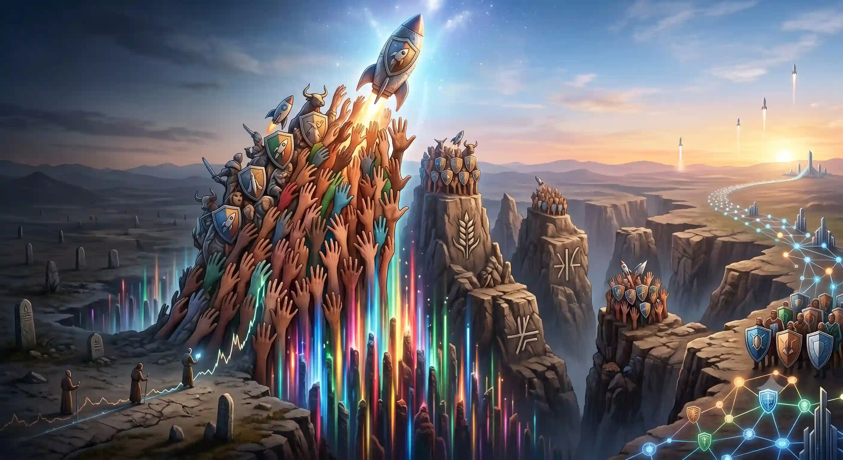An artistic illustration of a short squeeze, featuring a rocket launching from a massive crowd of retail traders, symbolizing the forced buying pressure that drives a stock price higher.
