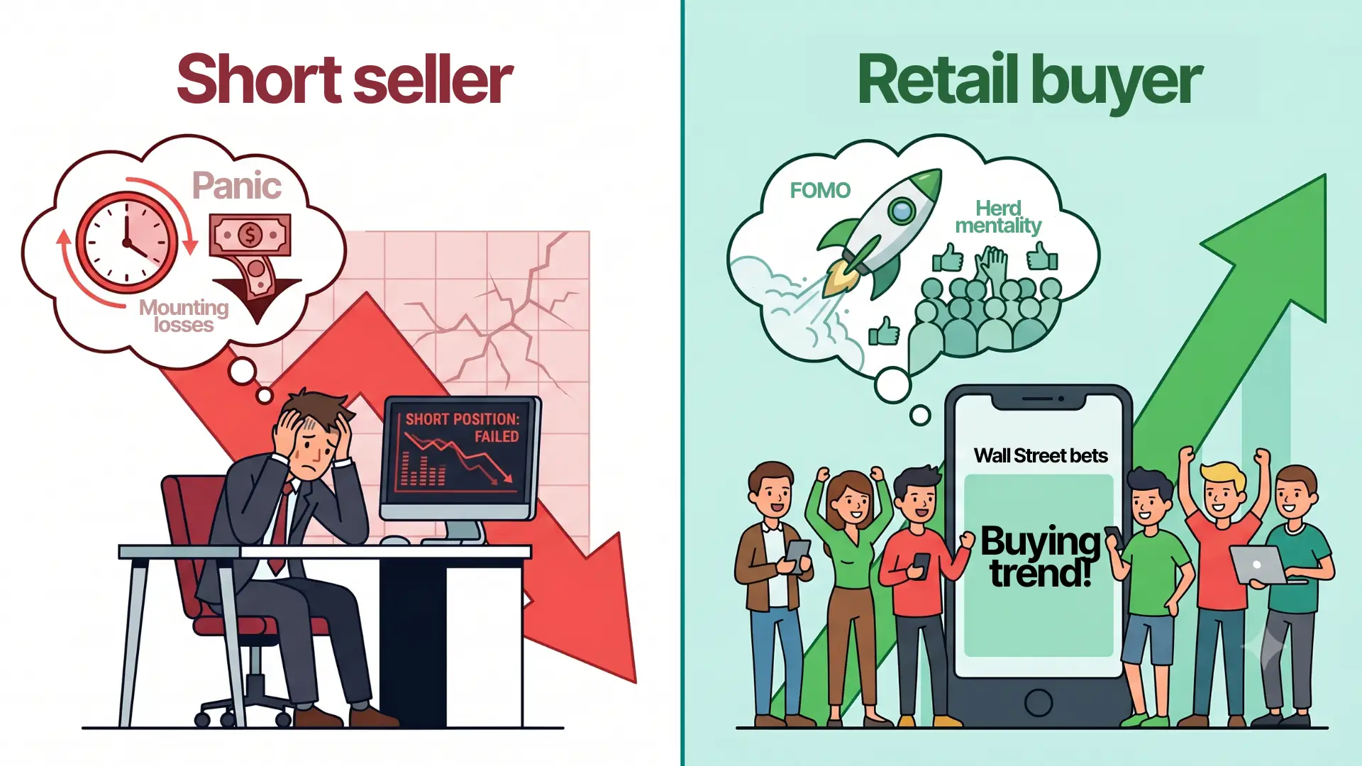 A split illustration contrasting the emotional states during a short squeeze. On the left, a short seller sits at a desk surrounded by falling prices and panic. On the right, a group of retail traders on mobile phones cheer an upward price movement. The two sides are divided by a vertical line down the centre.