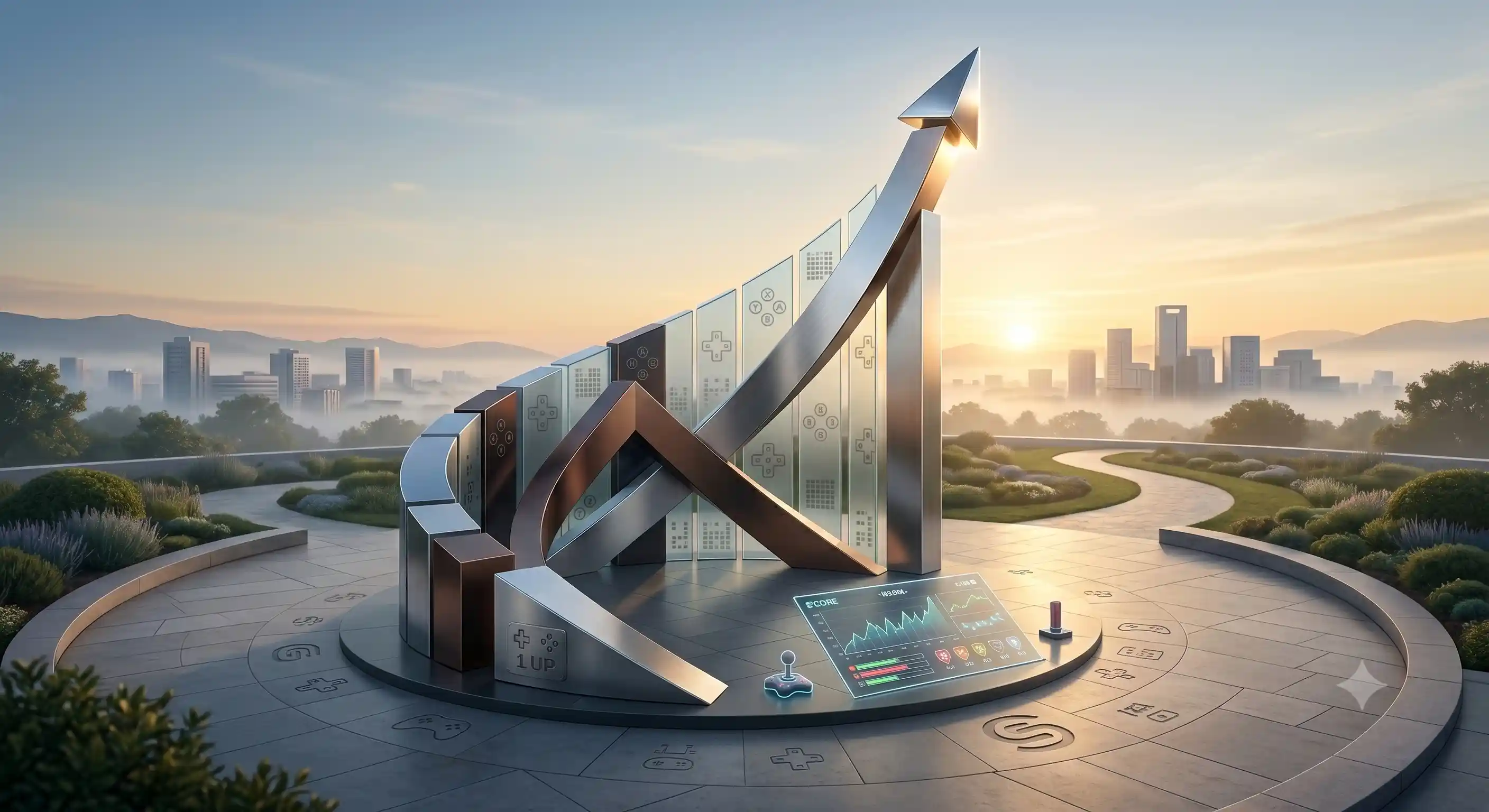A monumental sculpture of a GME stock graph with a giant upward arrow, GS and 1 UP logos, set in a plaza with city sunrise view.