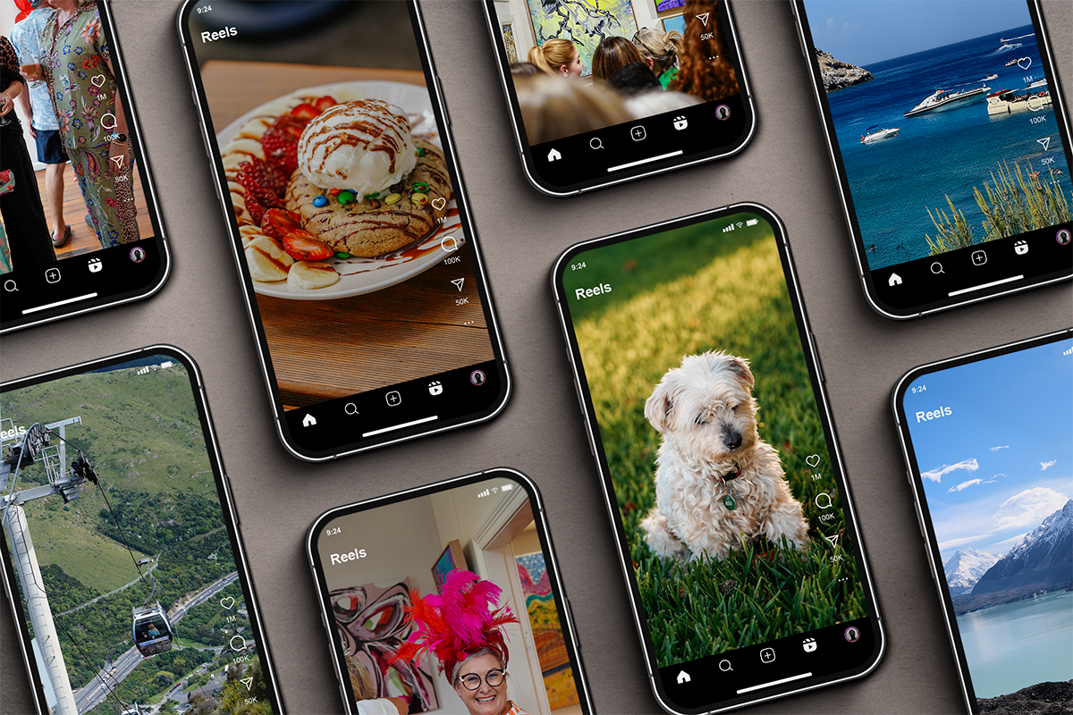 Multiple phones displaying Instagram Reels showing varied scenes: a dog sitting on grass, a dessert plate with ice cream, a woman wearing a bright pink feathered hat, scenic mountain lake view, people on a cable car, a crowd at an art gallery, a beach with boats, and two people walking indoors.