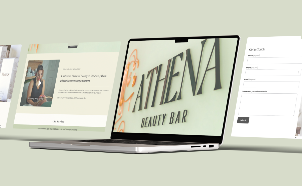 Laptop displaying Athena Beauty Bar logo with website screens showing services, video, and contact form surrounding it.