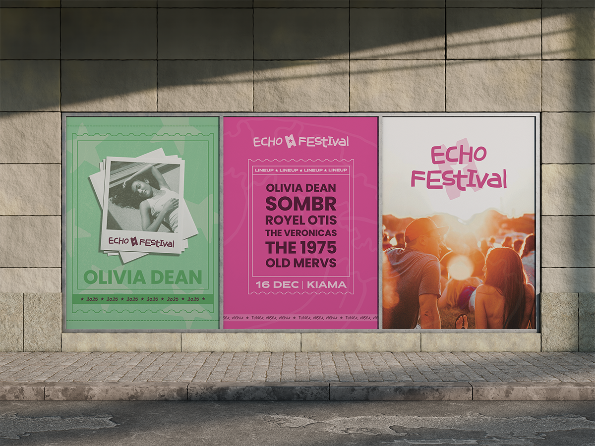 Three posters for Echo Festival on a stone wall: one green with a black-and-white photo of Olivia Dean, one pink listing lineup including Olivia Dean, Sombr, Royel Otis, The Veronicas, The 1975, Old Mervs, and one showing a crowd at sunset.