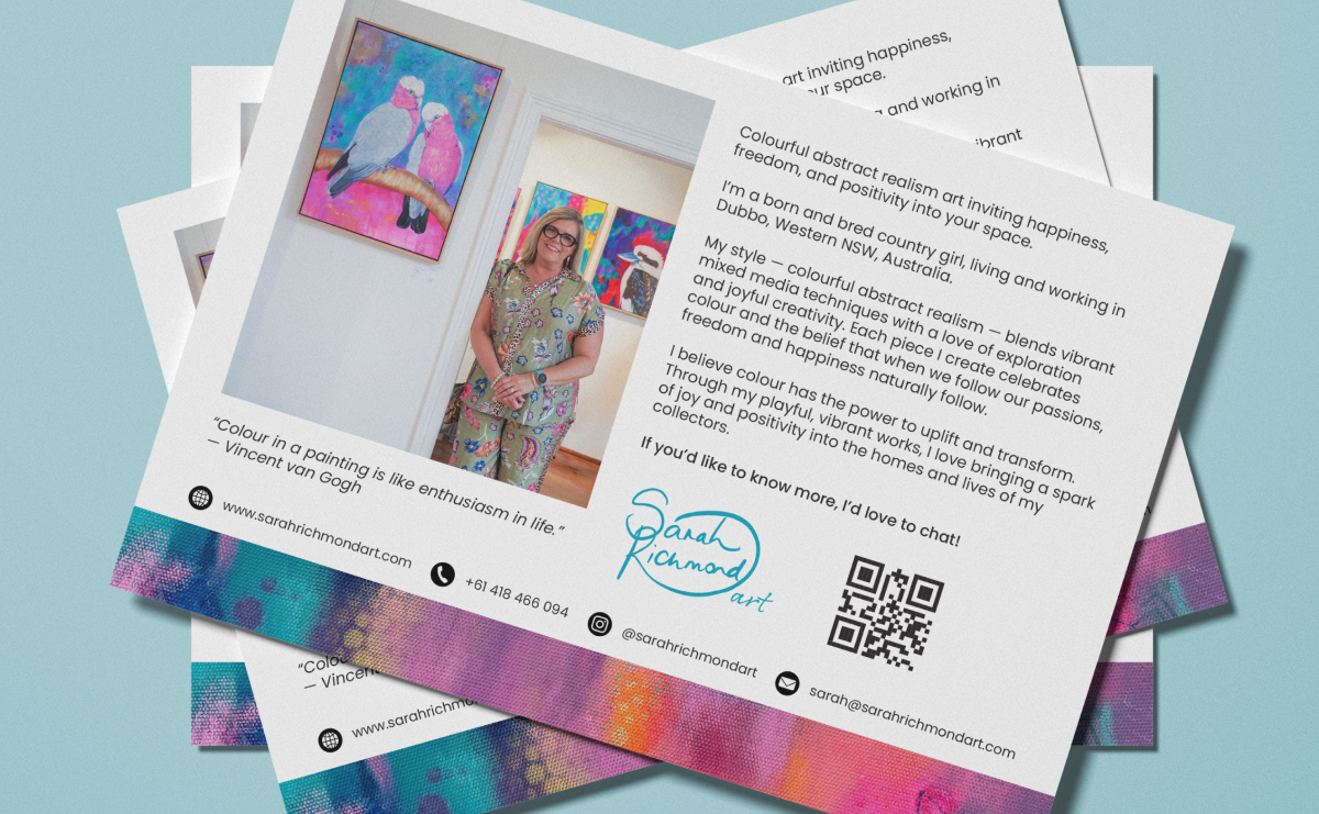 Stack of artist promotional cards featuring a photo of Sarah Richmond standing by colorful bird paintings and text about her abstract realism art style, quote by Vincent van Gogh, contact info, and a QR code.