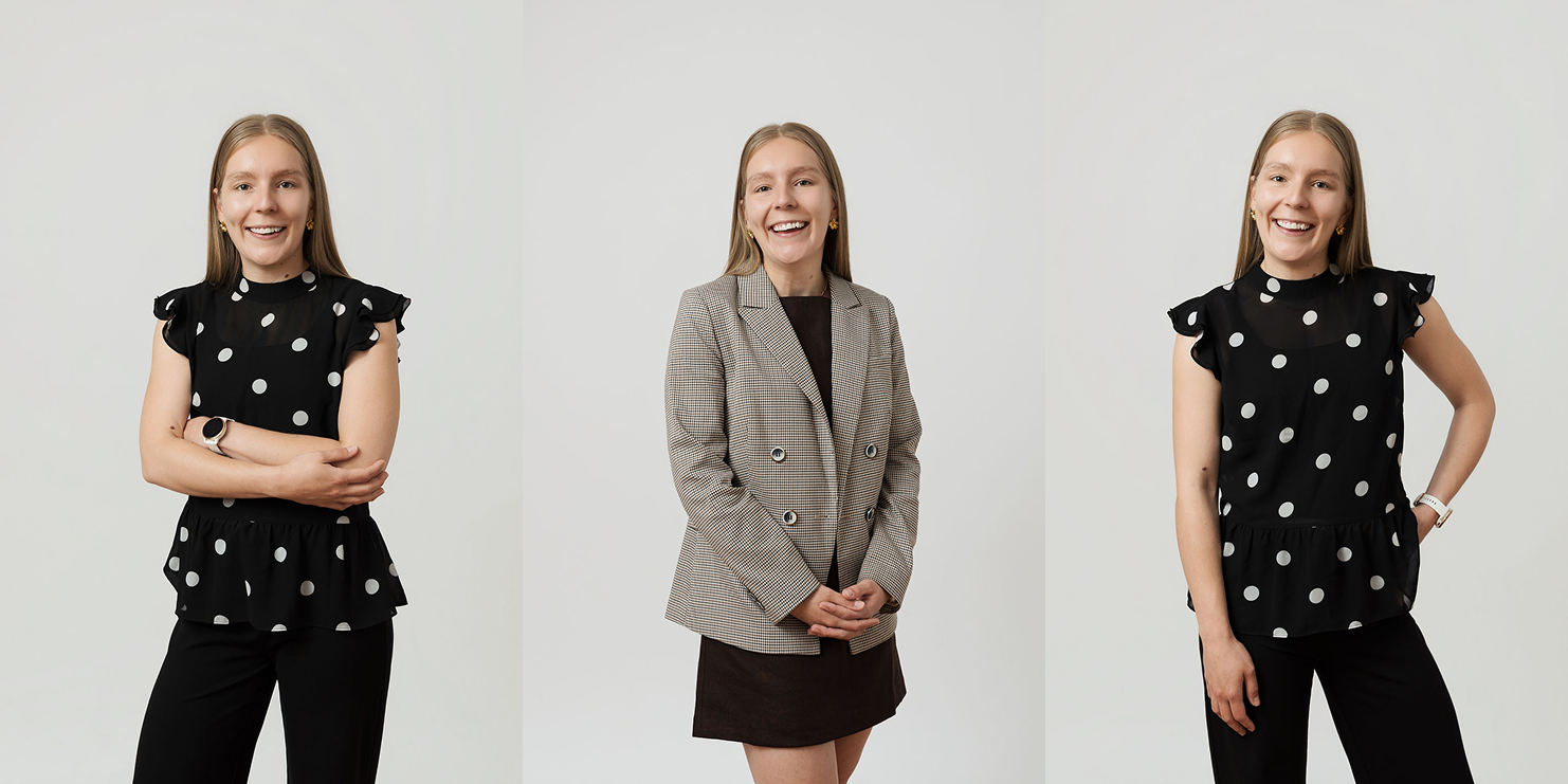 Three portraits of a smiling young woman with long blonde hair wearing a black polka-dot blouse and black pants in the left and right images, and a brown dress with a checked blazer in the center image.