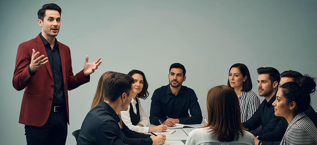 A man in a suit presents to an audience, engaging them with his speech and visual aids.