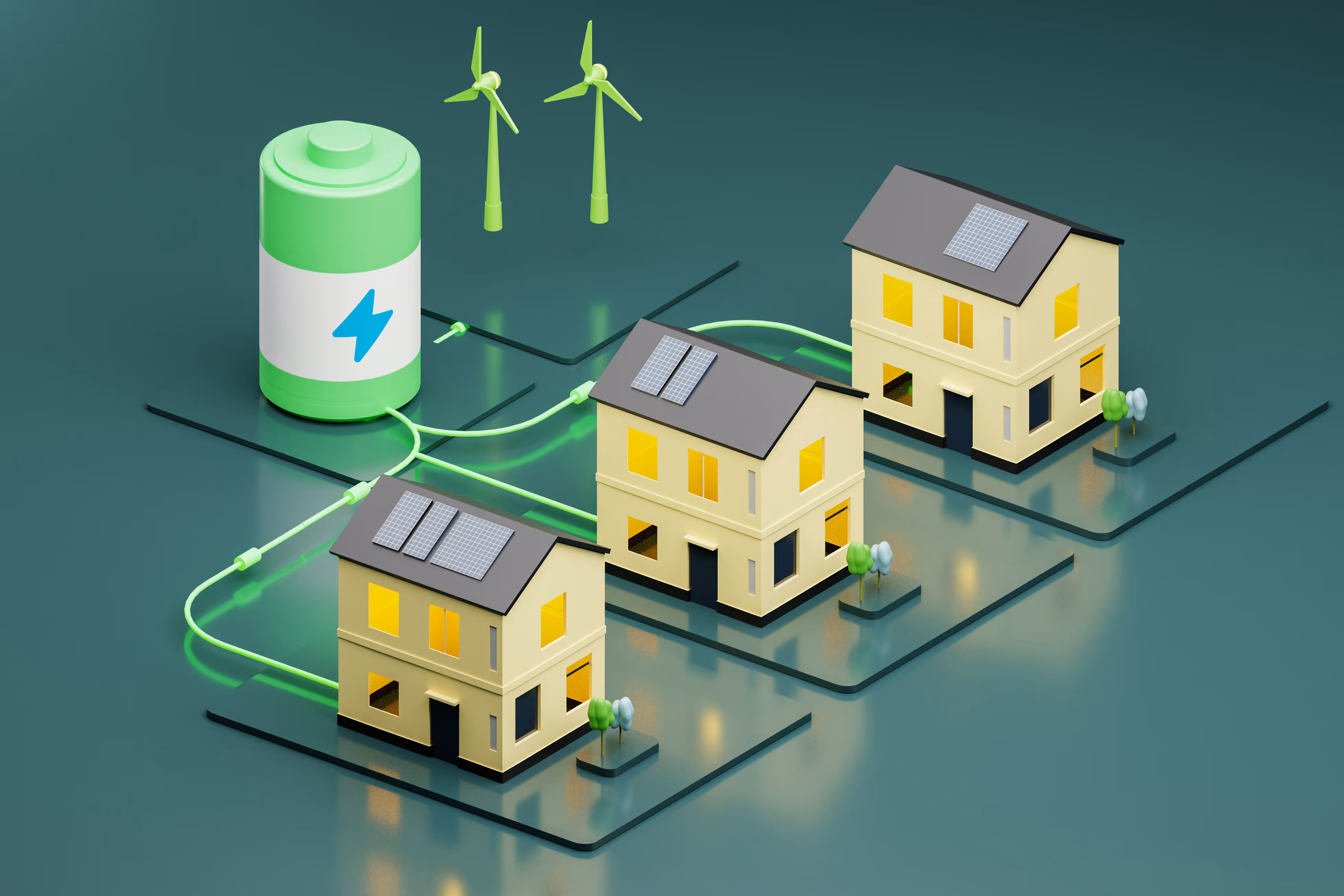 3D illustration of three houses with solar panels connected by glowing green power lines to a large battery and two wind turbines.