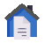 Icon of a blue house with a gray roof and a white paper with lines inside it.