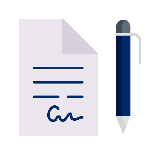 Document with signature and blue pen next to it on a white background.