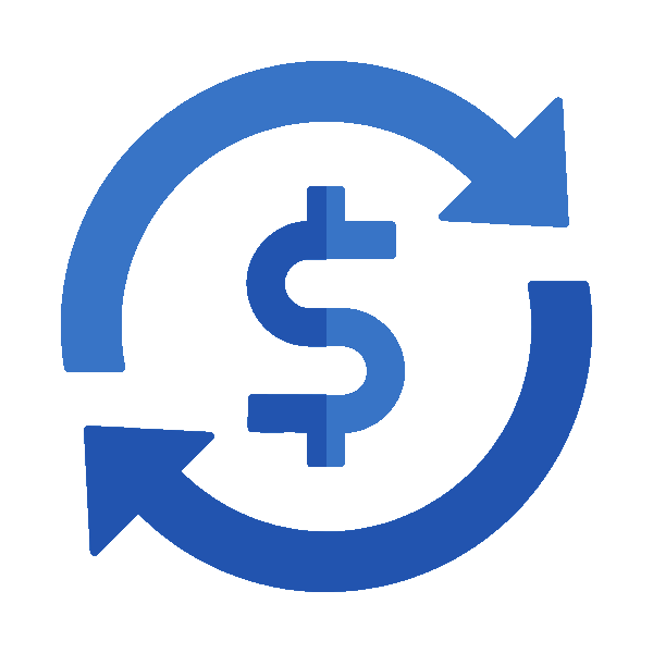 Blue circular arrows around a dollar sign symbolizing recurring payments or cash flow.
