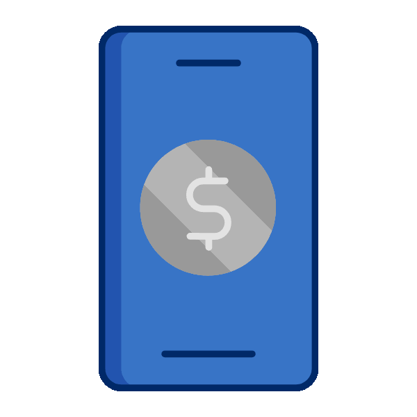 Blue smartphone with a dollar sign coin symbol on the screen.