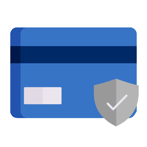 Blue credit card icon with a gray shield featuring a white checkmark for secure payments.