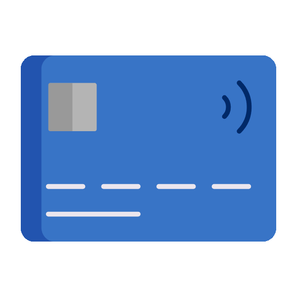 Blue credit card icon with chip and contactless payment symbol.
