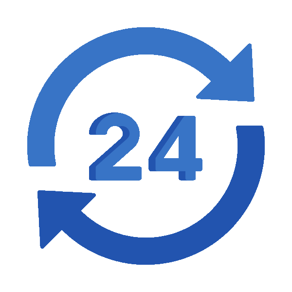 Blue circular arrows around number 24 indicating 24-hour nonstop service or availability.