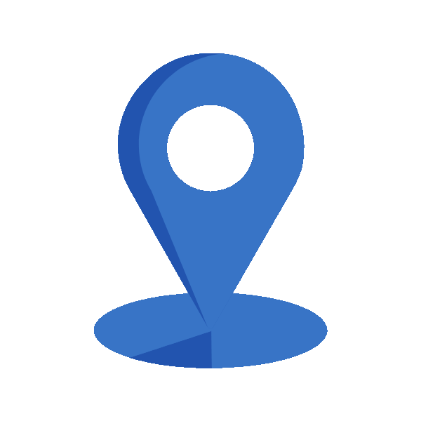 Blue map location pin icon with shadow on a circular base.