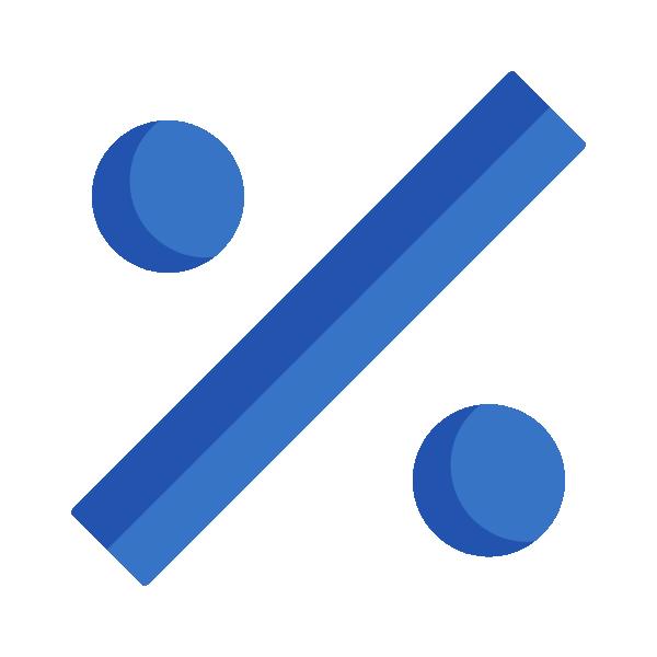 Blue percentage symbol with shading on a transparent background.