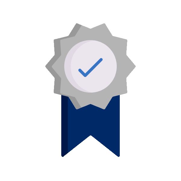 Silver ribbon badge with a blue checkmark in the center and navy tails.