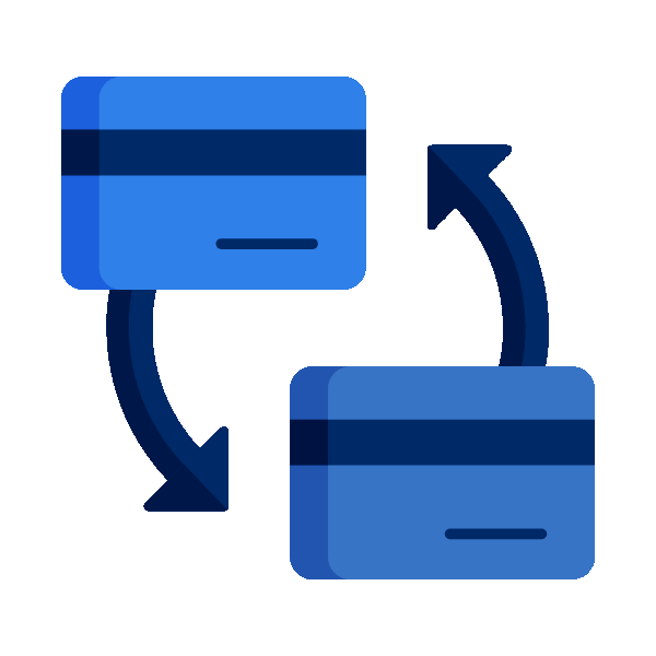 Two blue credit cards with arrows forming a circular exchange, symbolizing a card swap or transfer.
