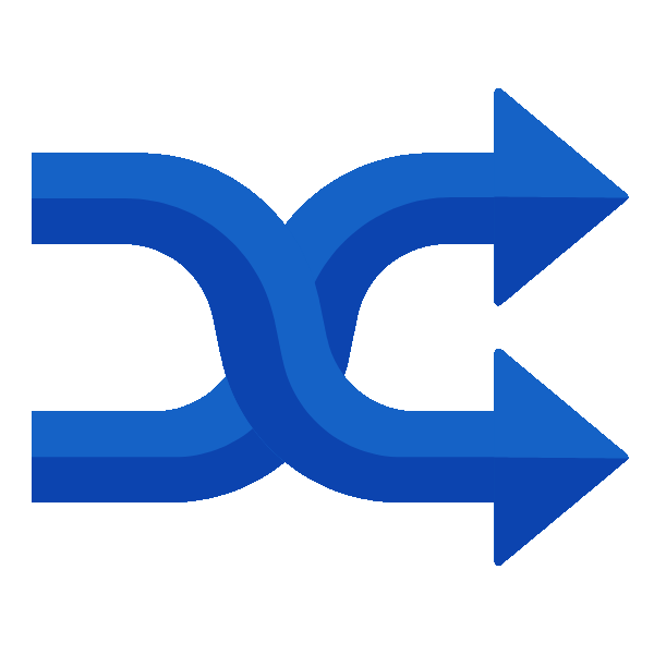 Blue icon showing two crossing arrows pointing right indicating shuffle or exchange.
