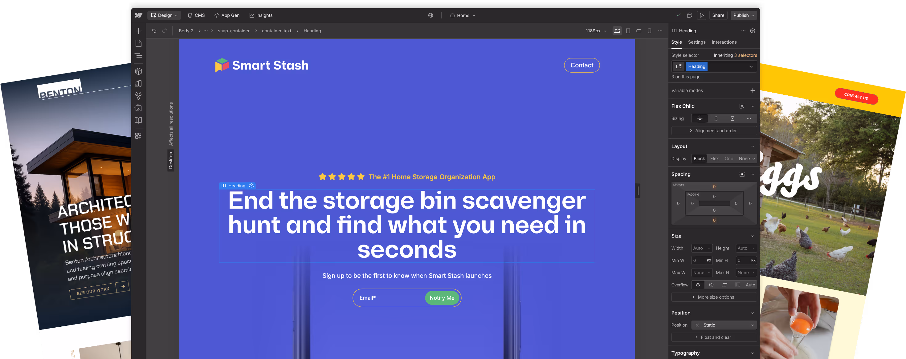 Website design tool interface showing a purple landing page for Smart Stash app with headline, email signup, and contact button.