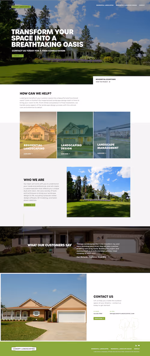 Homepage of Canopy Landscaping showing a large house with landscaped yard under a blue sky, sections highlighting residential landscaping, design, and management services, customer testimonial, and contact information with an image of a house and driveway.