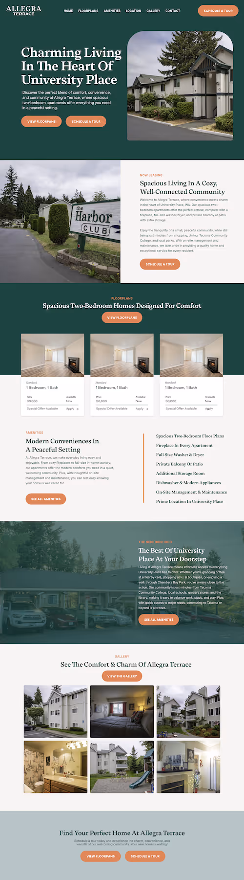 Apartment complex homepage for Allegra Terrace showcasing charming living with photos of building exteriors, interior rooms, and amenities.