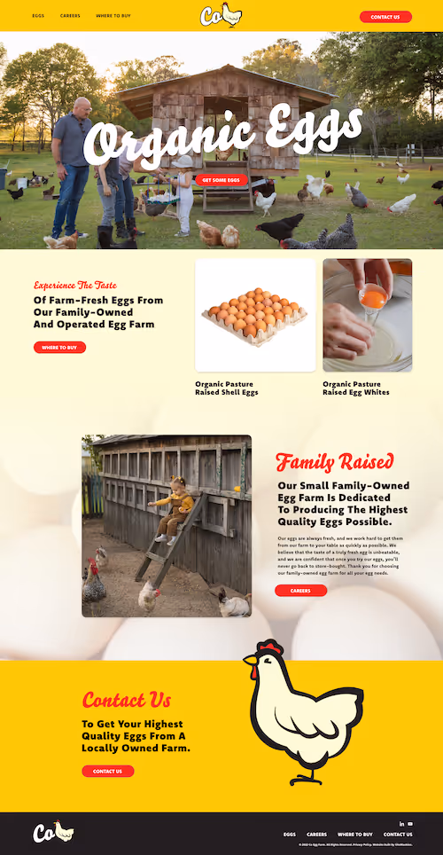 Family feeding free-range chickens outdoors near a wooden chicken coop on a farm.