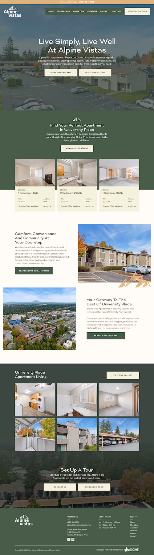 Alpine Vistas apartment complex with multiple residential buildings and parked cars under a cloudy sky.