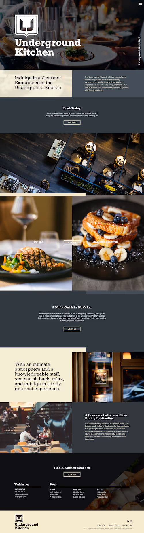 Underground Kitchen restaurant homepage with gourmet food images including steak dinner, blueberry and banana French toast, and an overhead view of the dining area.
