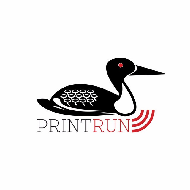 Print Run podcast logo featuring a black bird with typewriter keys and red sound waves.