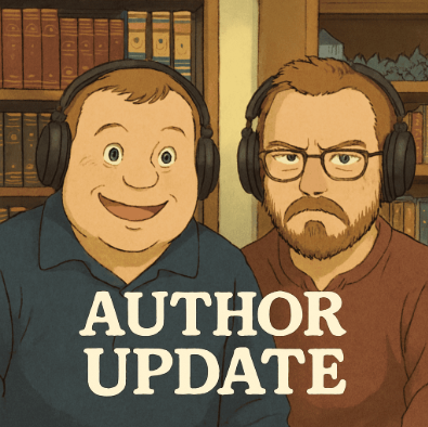 Author Update podcast cover with illustrated hosts wearing headphones in front of bookshelves.