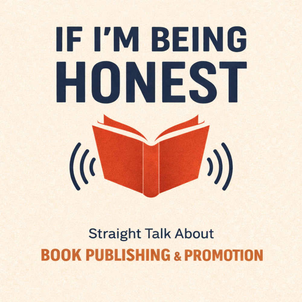 If I’m Being Honest podcast cover featuring an open red book and the tagline “Straight Talk About Book Publishing & Promotion.”