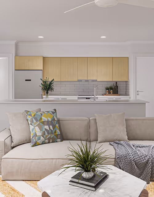 internal living room and kitchen render of 15a greber, beerwah