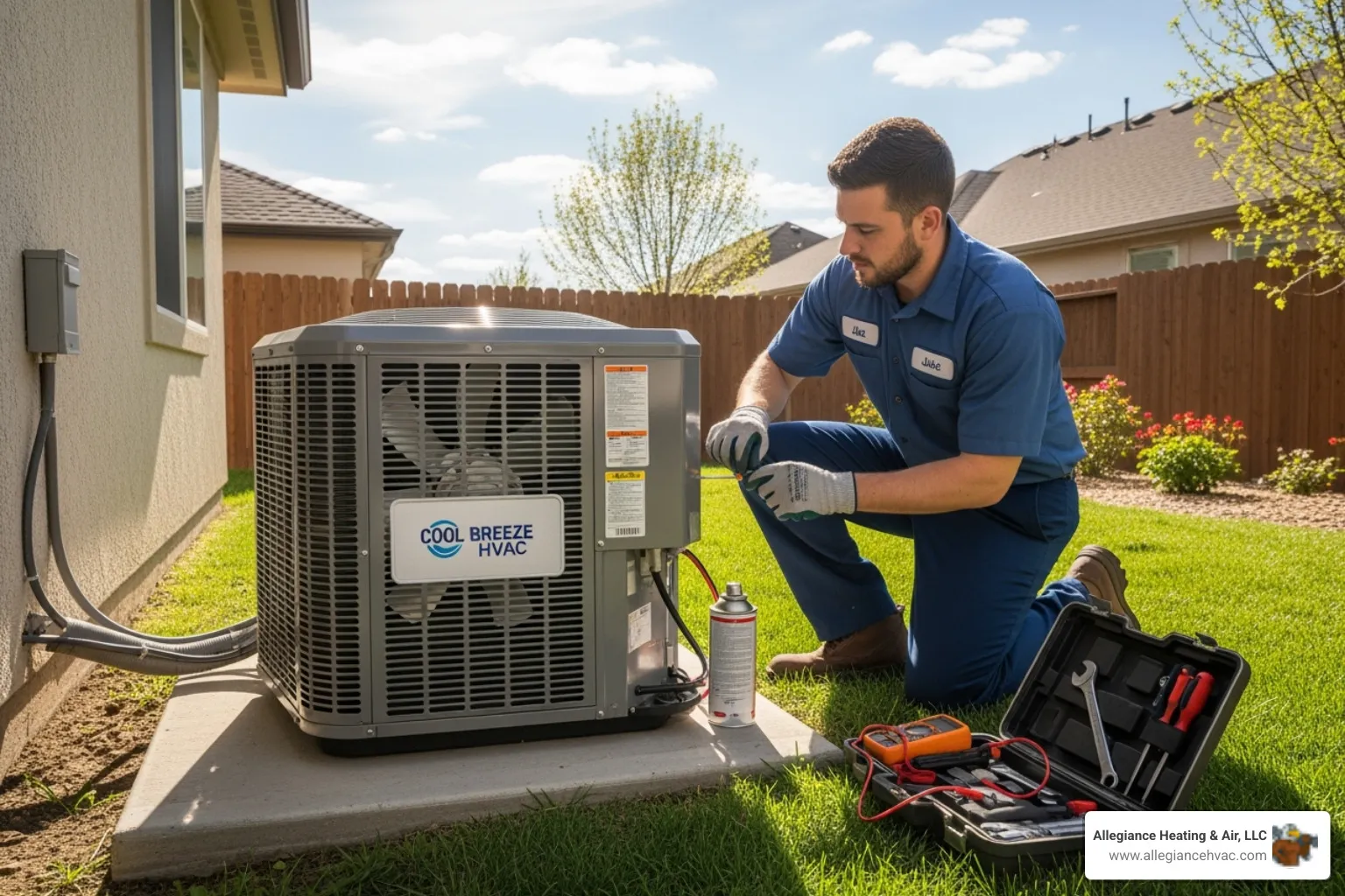 technician servicing outdoor AC unit - heat and ac company